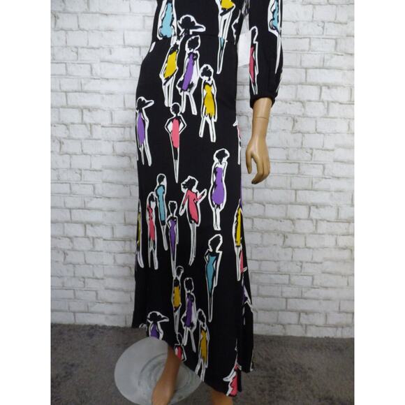 $725 Boutique Moschino Black Multi Print Crepe Midi Vneck Dress 38 US 4 NWT - Picture 10 of 16